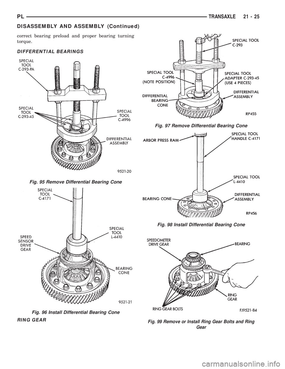 DODGE NEON 1999  Service Repair Manual correct bearing preload and proper bearing turning
torque.
DIFFERENTIAL BEARINGS
RING GEAR
Fig. 95 Remove Differential Bearing Cone
Fig. 96 Install Differential Bearing Cone
Fig. 97 Remove Differentia