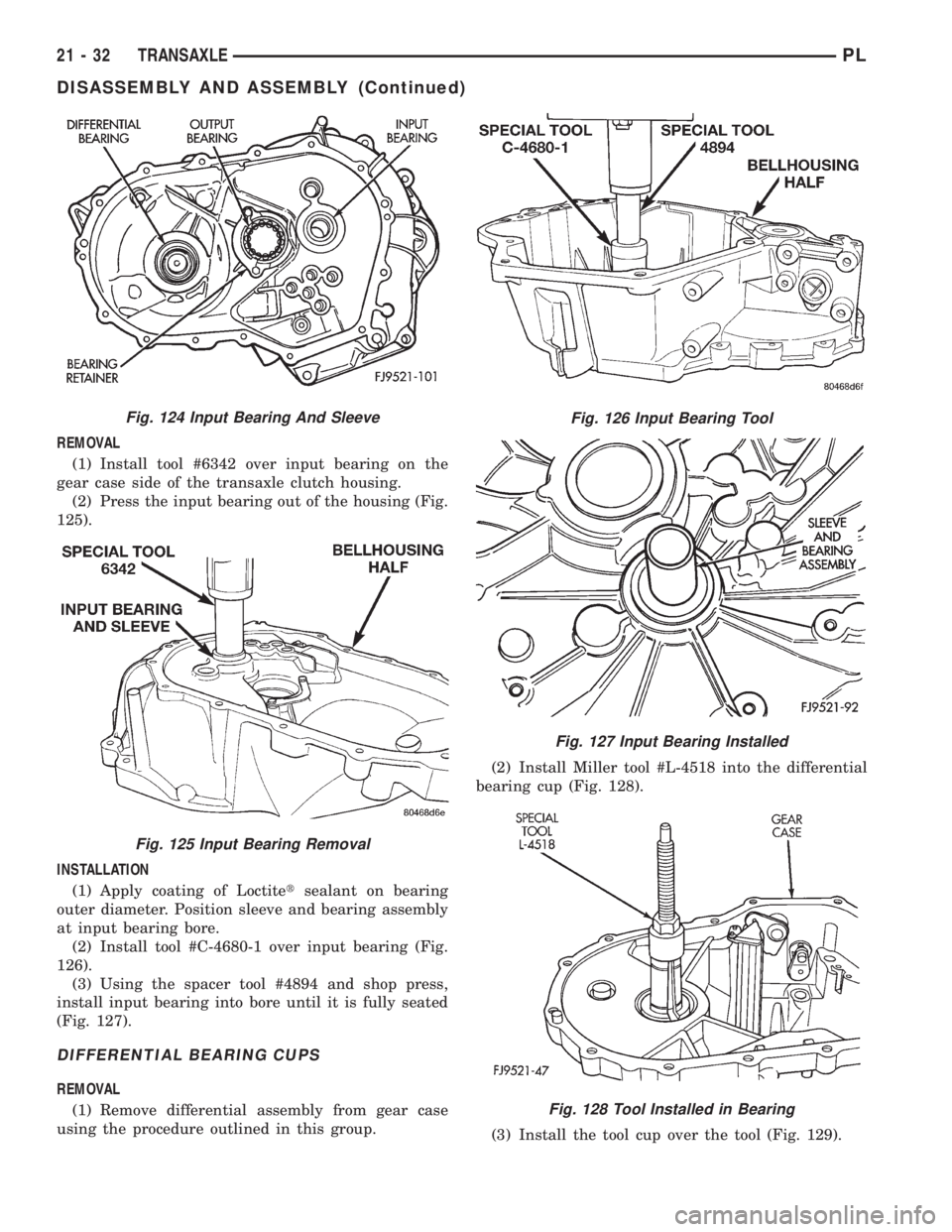 DODGE NEON 1999  Service Repair Manual REMOVAL
(1) Install tool #6342 over input bearing on the
gear case side of the transaxle clutch housing.
(2) Press the input bearing out of the housing (Fig.
125).
INSTALLATION
(1) Apply coating of Lo