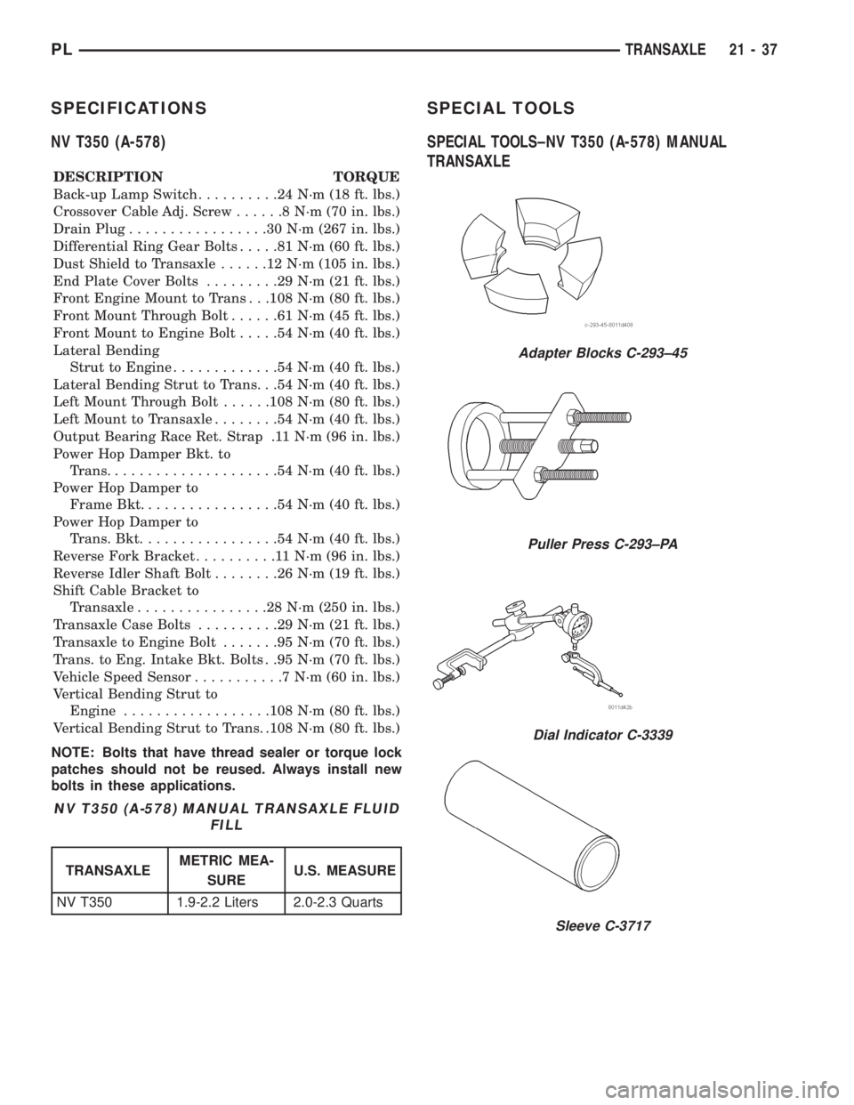 DODGE NEON 1999  Service Repair Manual SPECIFICATIONS
NV T350 (A-578)
DESCRIPTION TORQUE
Back-up Lamp Switch..........24N´m(18ft.lbs.)
Crossover Cable Adj. Screw......8N´m(70in.lbs.)
Drain Plug.................30N´m(267 in. lbs.)
Differ