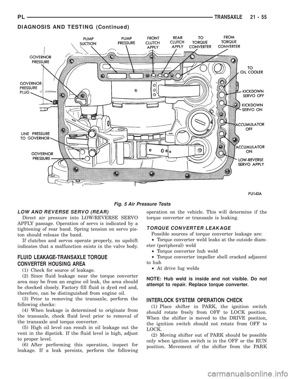 DODGE NEON 1999  Service Repair Manual LOW AND REVERSE SERVO (REAR)
Direct air pressure into LOW/REVERSE SERVO
APPLY passage. Operation of servo is indicated by a
tightening of rear band. Spring tension on servo pis-
ton should release the