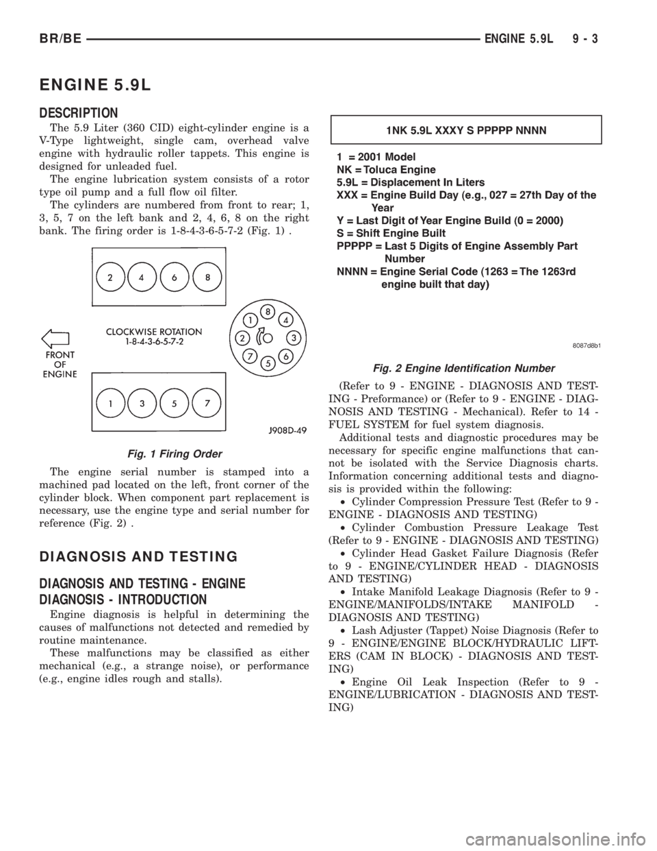 DODGE RAM 2002 Service Repair Manual ENGINE 5.9L
DESCRIPTION
The 5.9 Liter (360 CID) eight-cylinder engine is a
V-Type lightweight, single cam, overhead valve
engine with hydraulic roller tappets. This engine is
designed for unleaded fue DODGE RAM 2002 Service Repair Manual ENGINE 5.9L
DESCRIPTION
The 5.9 Liter (360 CID) eight-cylinder engine is a
V-Type lightweight, single cam, overhead valve
engine with hydraulic roller tappets. This engine is
designed for unleaded fue