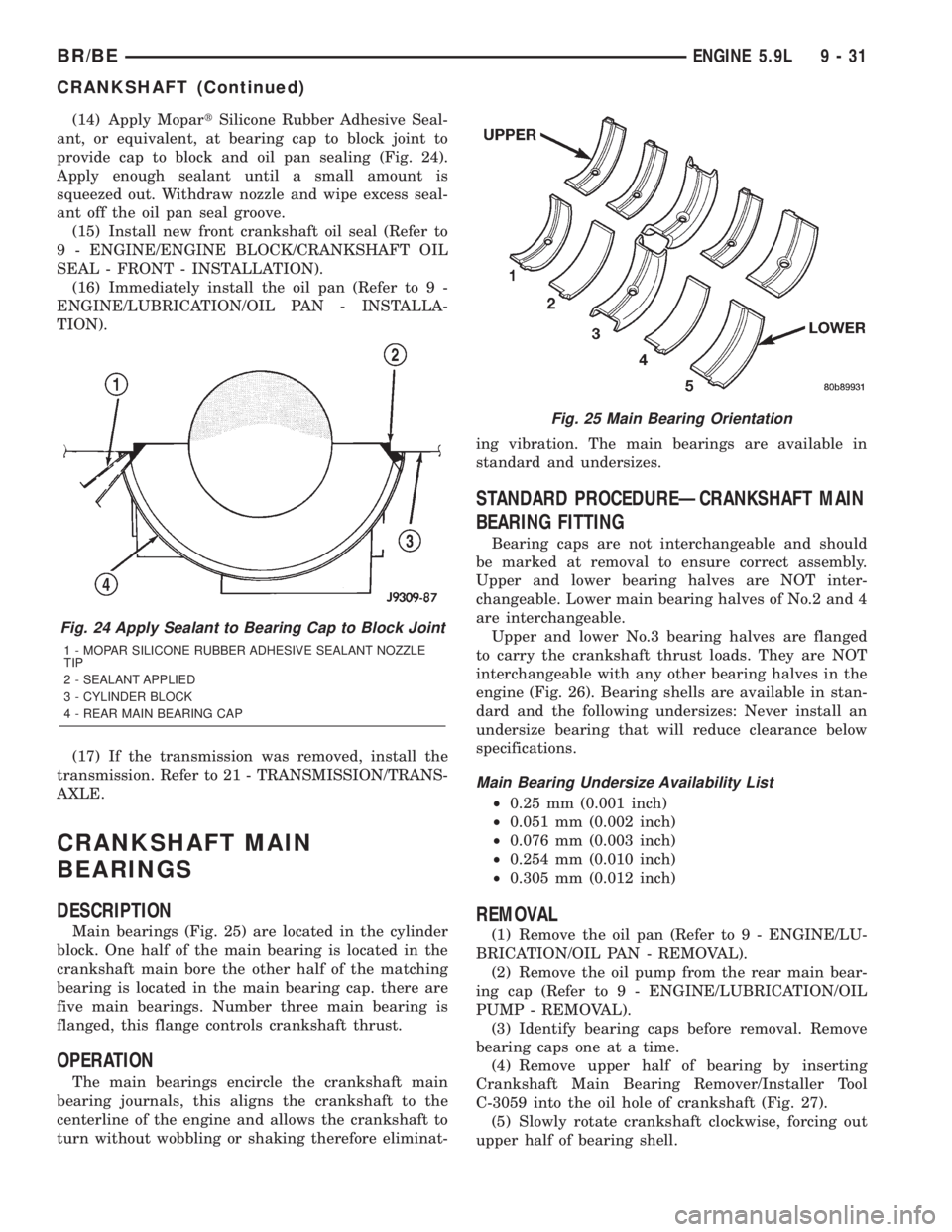 DODGE RAM 2002  Service Repair Manual (14) Apply MopartSilicone Rubber Adhesive Seal-
ant, or equivalent, at bearing cap to block joint to
provide cap to block and oil pan sealing (Fig. 24).
Apply enough sealant until a small amount is
sq