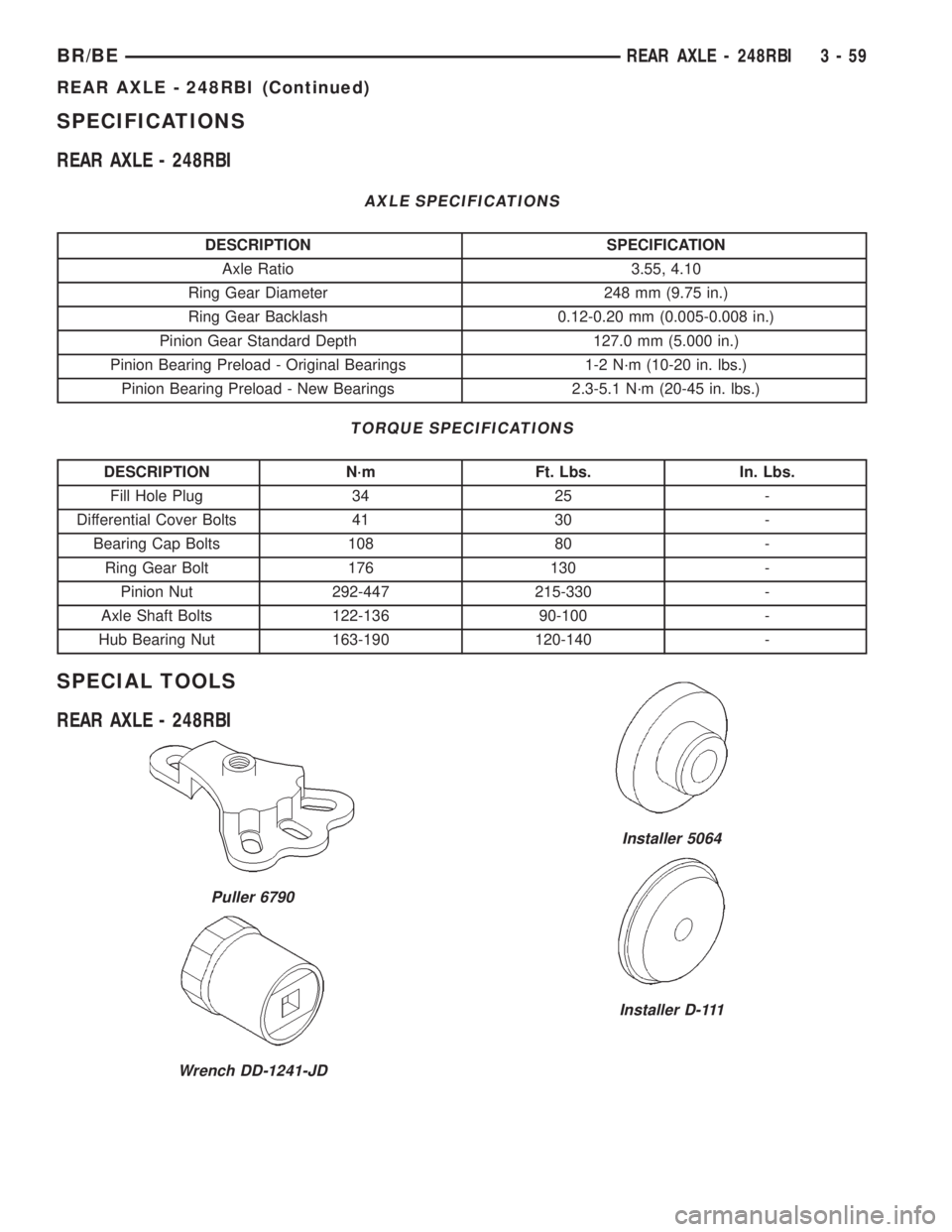 DODGE RAM 2002  Service Repair Manual SPECIFICATIONS
REAR AXLE - 248RBI
AXLE SPECIFICATIONS
DESCRIPTION SPECIFICATION
Axle Ratio 3.55, 4.10
Ring Gear Diameter 248 mm (9.75 in.)
Ring Gear Backlash 0.12-0.20 mm (0.005-0.008 in.)
Pinion Gear