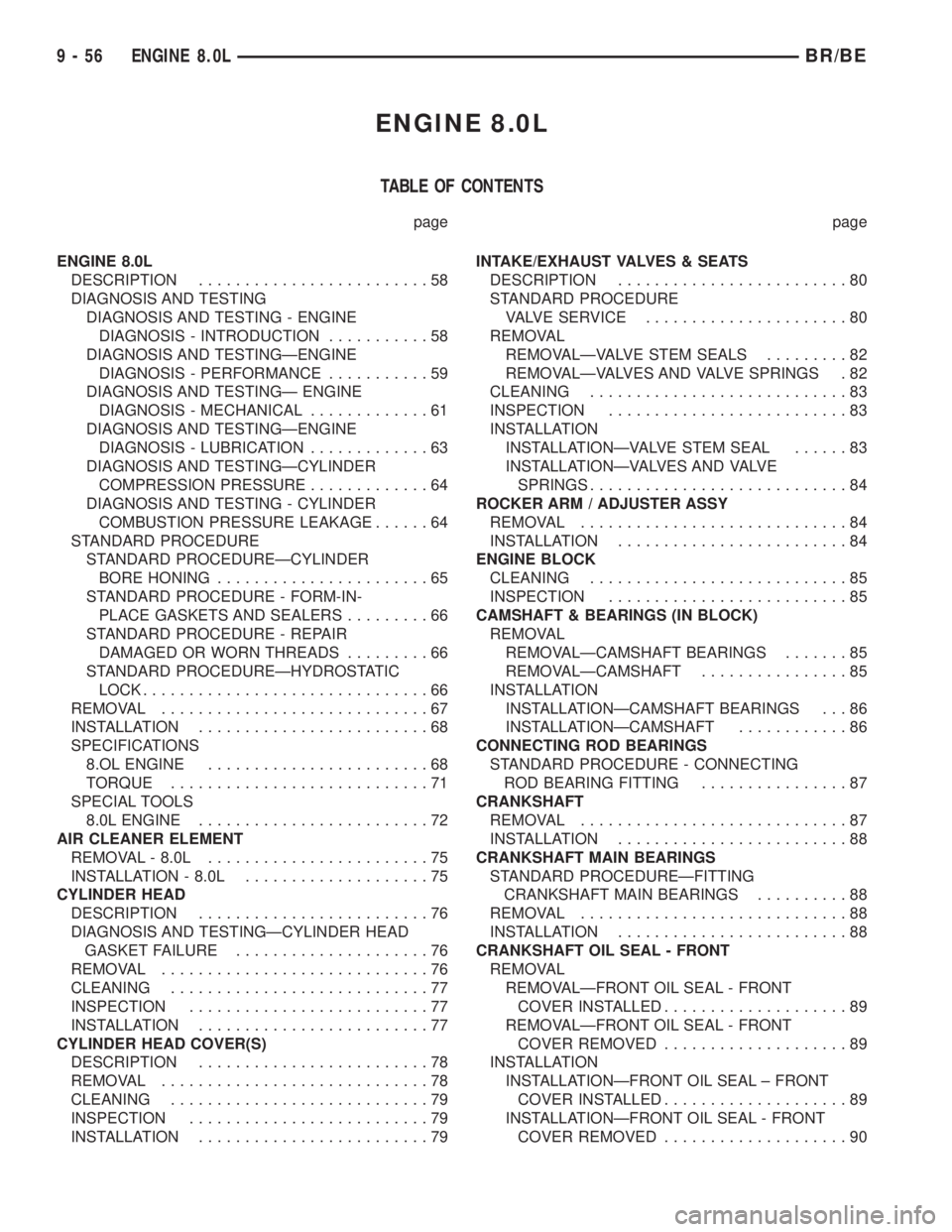 DODGE RAM 2002 Service Repair Manual ENGINE 8.0L
TABLE OF CONTENTS
page page
ENGINE 8.0L
DESCRIPTION.........................58
DIAGNOSIS AND TESTING
DIAGNOSIS AND TESTING - ENGINE
DIAGNOSIS - INTRODUCTION...........58
DIAGNOSIS AND TEST DODGE RAM 2002 Service Repair Manual ENGINE 8.0L
TABLE OF CONTENTS
page page
ENGINE 8.0L
DESCRIPTION.........................58
DIAGNOSIS AND TESTING
DIAGNOSIS AND TESTING - ENGINE
DIAGNOSIS - INTRODUCTION...........58
DIAGNOSIS AND TEST