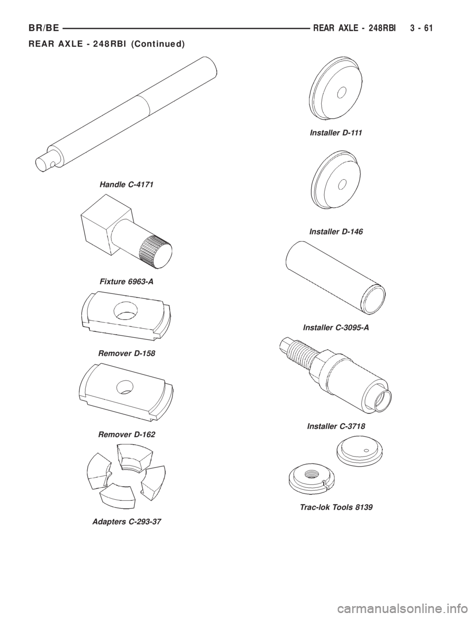 DODGE RAM 2002  Service Repair Manual Handle C-4171
Fixture 6963-A
Remover D-158
Remover D-162
Adapters C-293-37
Installer D-111
Installer D-146
Installer C-3095-A
Installer C-3718
Trac-lok Tools 8139
BR/BEREAR AXLE - 248RBI 3 - 61
REAR A