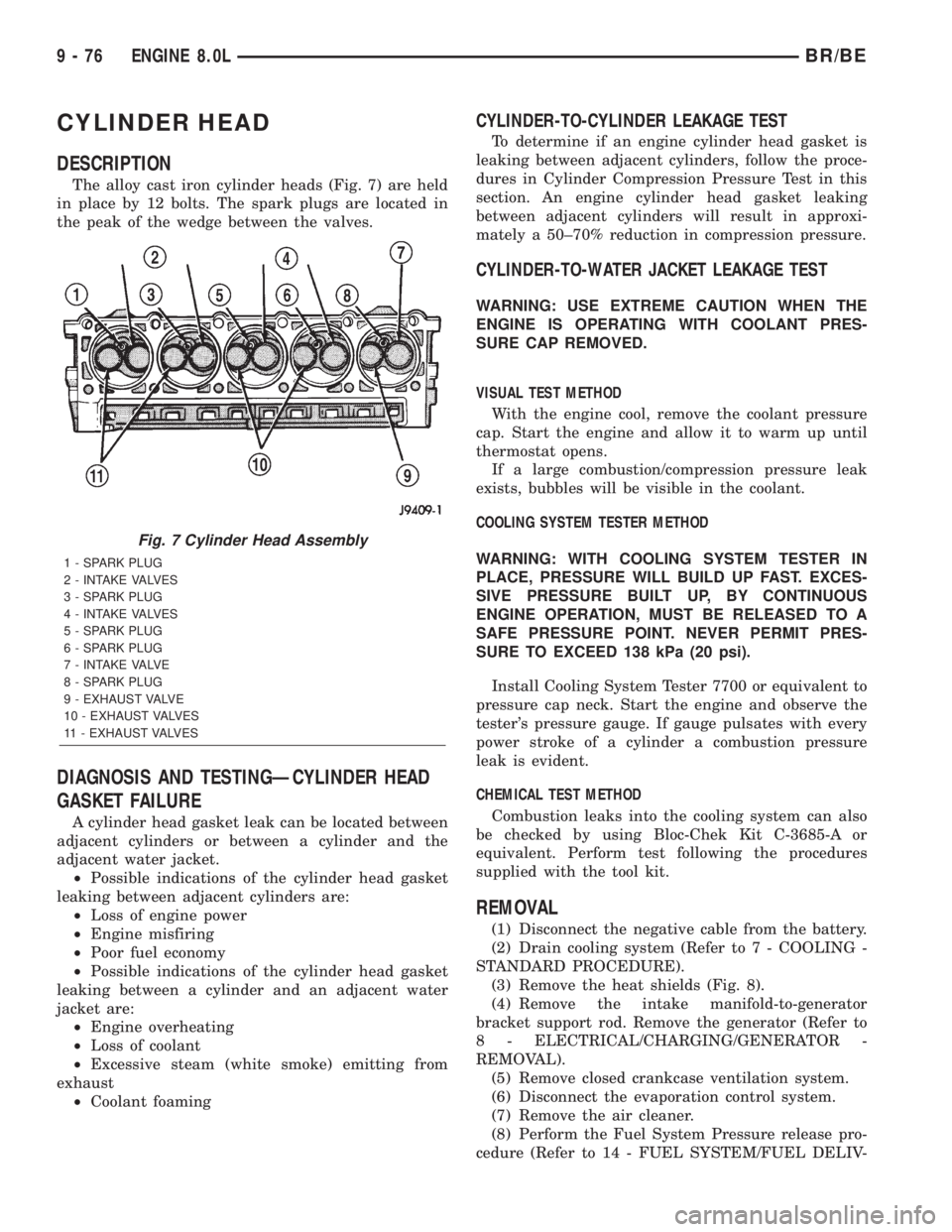 DODGE RAM 2002  Service Repair Manual CYLINDER HEAD
DESCRIPTION
The alloy cast iron cylinder heads (Fig. 7) are held
in place by 12 bolts. The spark plugs are located in
the peak of the wedge between the valves.
DIAGNOSIS AND TESTINGÐCYL