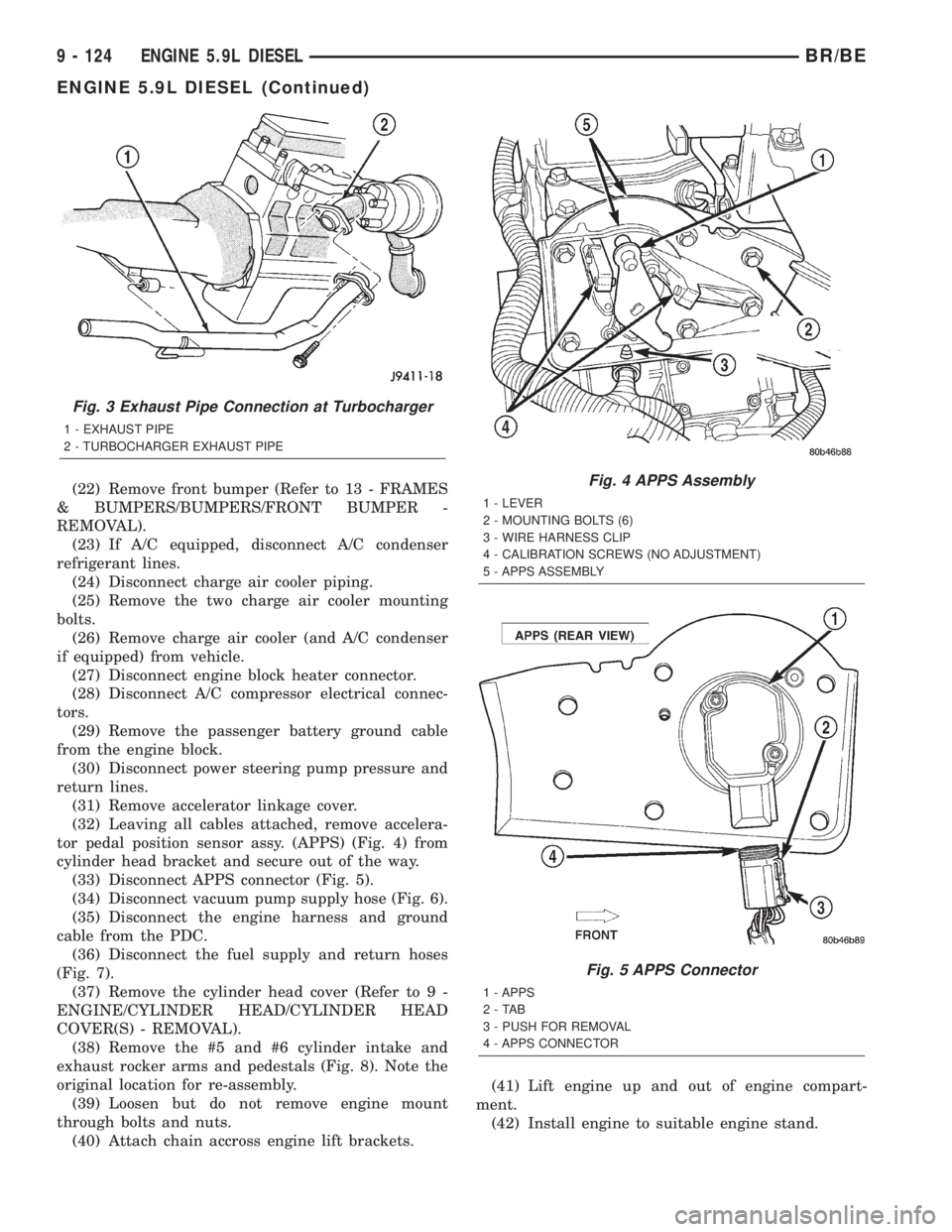 DODGE RAM 2002  Service Repair Manual (22) Remove front bumper (Refer to 13 - FRAMES
& BUMPERS/BUMPERS/FRONT BUMPER -
REMOVAL).
(23) If A/C equipped, disconnect A/C condenser
refrigerant lines.
(24) Disconnect charge air cooler piping.
(2