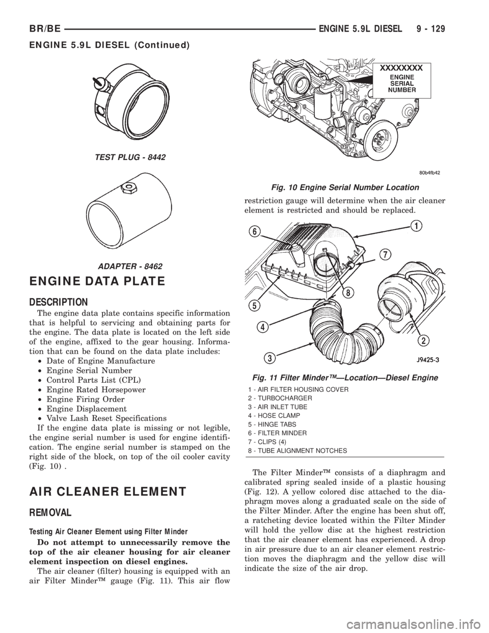 DODGE RAM 2002 Service Repair Manual ENGINE DATA PLATE
DESCRIPTION
The engine data plate contains specific information
that is helpful to servicing and obtaining parts for
the engine. The data plate is located on the left side
of the eng DODGE RAM 2002 Service Repair Manual ENGINE DATA PLATE
DESCRIPTION
The engine data plate contains specific information
that is helpful to servicing and obtaining parts for
the engine. The data plate is located on the left side
of the eng