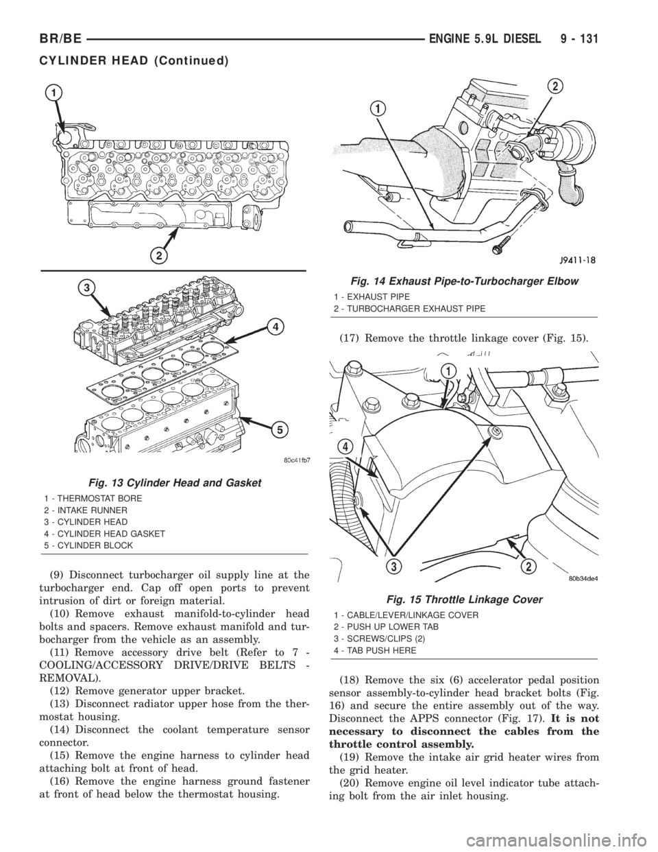 DODGE RAM 2002 Service Repair Manual (9) Disconnect turbocharger oil supply line at the
turbocharger end. Cap off open ports to prevent
intrusion of dirt or foreign material.
(10) Remove exhaust manifold-to-cylinder head
bolts and spacer DODGE RAM 2002 Service Repair Manual (9) Disconnect turbocharger oil supply line at the
turbocharger end. Cap off open ports to prevent
intrusion of dirt or foreign material.
(10) Remove exhaust manifold-to-cylinder head
bolts and spacer