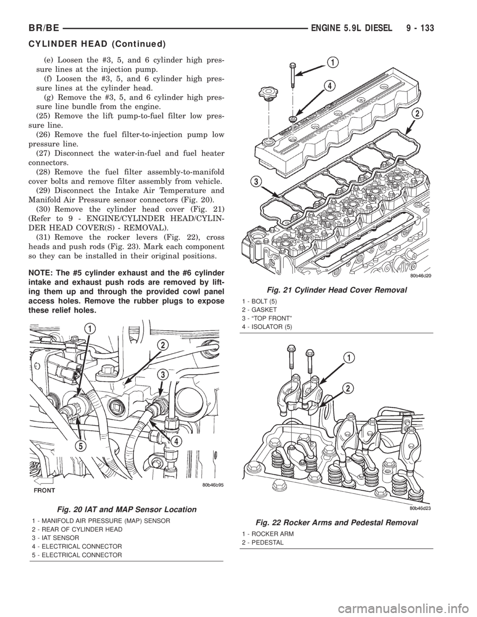 DODGE RAM 2002 Service Repair Manual (e) Loosen the #3, 5, and 6 cylinder high pres-
sure lines at the injection pump.
(f) Loosen the #3, 5, and 6 cylinder high pres-
sure lines at the cylinder head.
(g) Remove the #3, 5, and 6 cylinder DODGE RAM 2002 Service Repair Manual (e) Loosen the #3, 5, and 6 cylinder high pres-
sure lines at the injection pump.
(f) Loosen the #3, 5, and 6 cylinder high pres-
sure lines at the cylinder head.
(g) Remove the #3, 5, and 6 cylinder