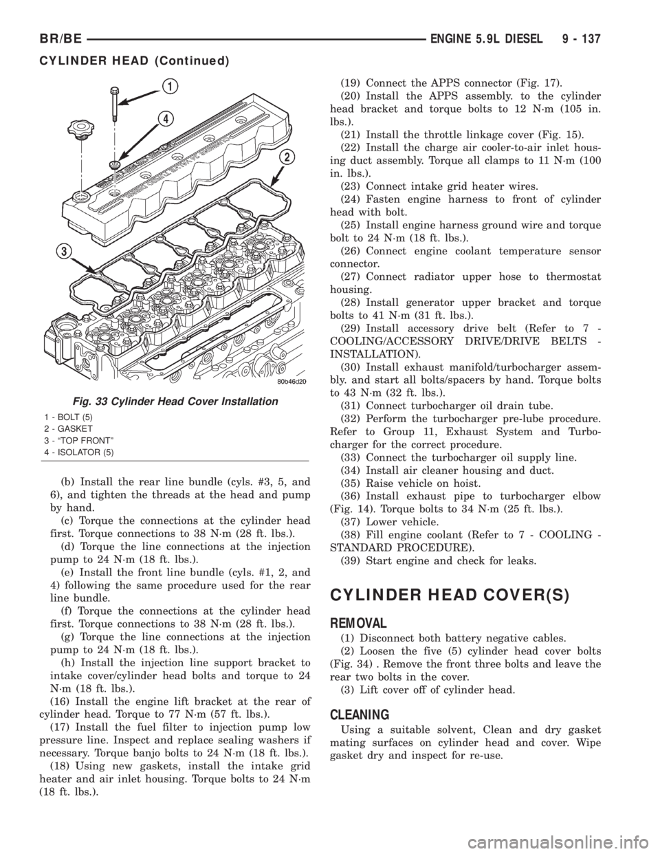 DODGE RAM 2002  Service Repair Manual (b) Install the rear line bundle (cyls. #3, 5, and
6), and tighten the threads at the head and pump
by hand.
(c) Torque the connections at the cylinder head
first. Torque connections to 38 N´m (28 ft