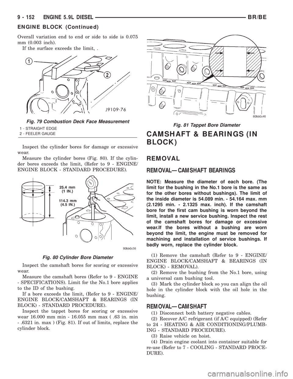 DODGE RAM 2002  Service Repair Manual Overall variation end to end or side to side is 0.075
mm (0.003 inch).
If the surface exceeds the limit, .
Inspect the cylinder bores for damage or excessive
wear.
Measure the cylinder bores (Fig. 80)
