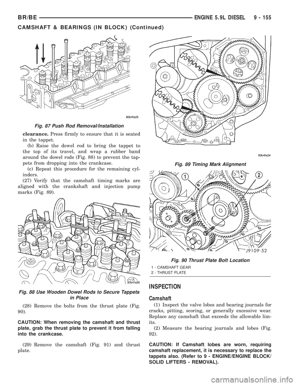 DODGE RAM 2002  Service Repair Manual clearance.Press firmly to ensure that it is seated
in the tappet.
(b) Raise the dowel rod to bring the tappet to
the top of its travel, and wrap a rubber band
around the dowel rods (Fig. 88) to preven