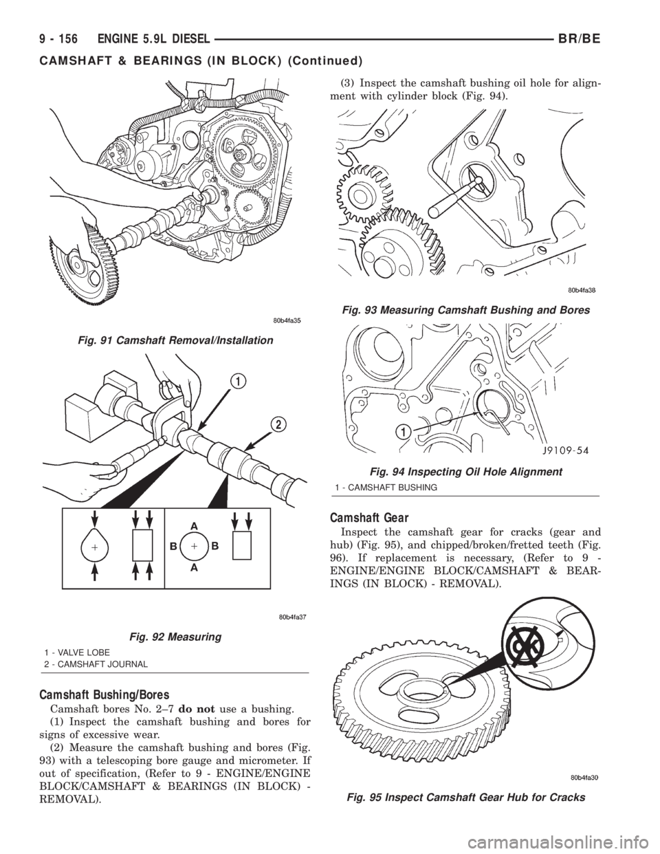 DODGE RAM 2002  Service Repair Manual Camshaft Bushing/Bores
Camshaft bores No. 2±7do notuse a bushing.
(1) Inspect the camshaft bushing and bores for
signs of excessive wear.
(2) Measure the camshaft bushing and bores (Fig.
93) with a t