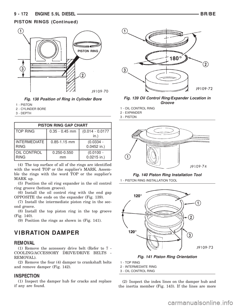 DODGE RAM 2002  Service Repair Manual PISTON RING GAP CHART
TOP RING 0.35 - 0.45 mm (0.014 - 0.0177
in.)
INTERMEDIATE
RING0.85-1.15 mm (0.0334 -
0.0452 in.)
OIL CONTROL
RING0.250-0.550
mm(0.0100 -
0.0215 in.)
(4) The top surface of all of