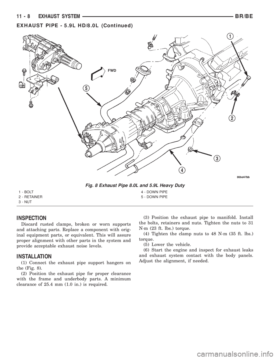 DODGE RAM 2002 Service Repair Manual INSPECTION
Discard rusted clamps, broken or worn supports
and attaching parts. Replace a component with orig-
inal equipment parts, or equivalent. This will assure
proper alignment with other parts in DODGE RAM 2002 Service Repair Manual INSPECTION
Discard rusted clamps, broken or worn supports
and attaching parts. Replace a component with orig-
inal equipment parts, or equivalent. This will assure
proper alignment with other parts in