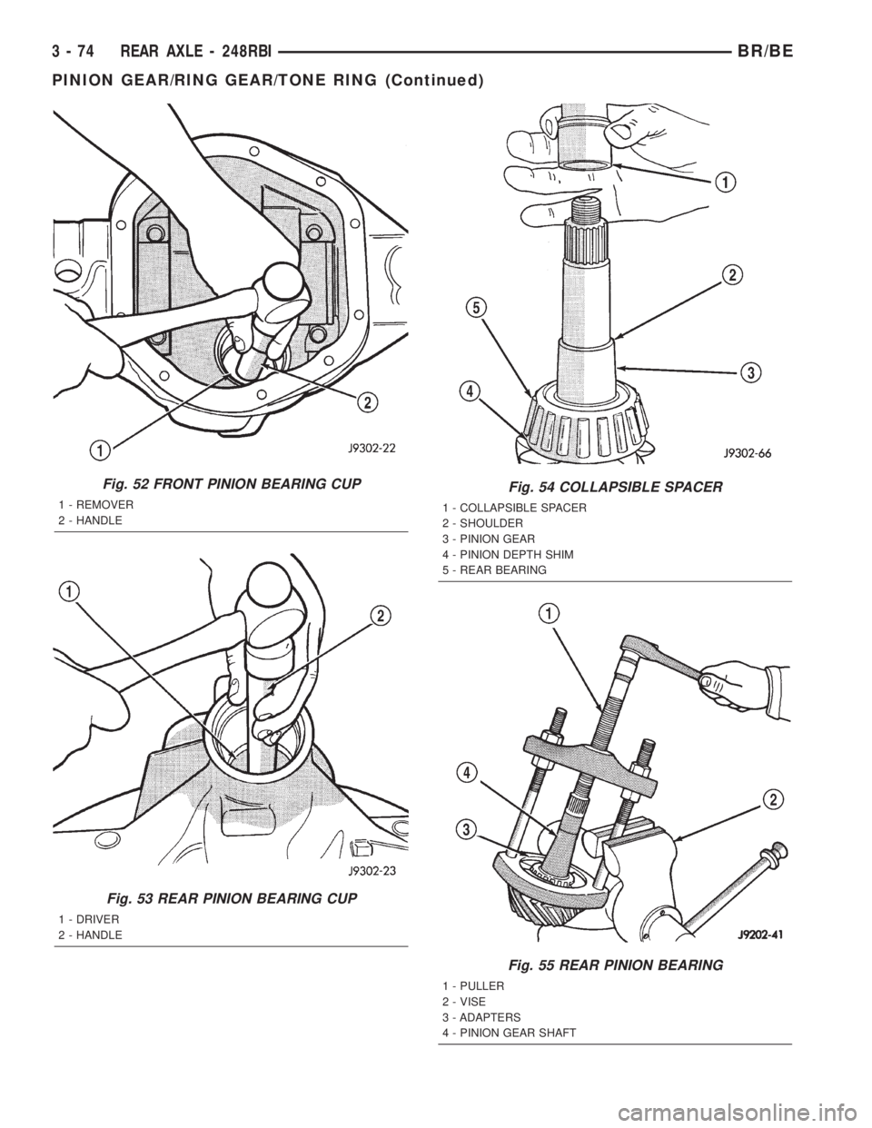 DODGE RAM 2002  Service Repair Manual Fig. 52 FRONT PINION BEARING CUP
1 - REMOVER
2 - HANDLE
Fig. 53 REAR PINION BEARING CUP
1 - DRIVER
2 - HANDLE
Fig. 54 COLLAPSIBLE SPACER
1 - COLLAPSIBLE SPACER
2 - SHOULDER
3 - PINION GEAR
4 - PINION 