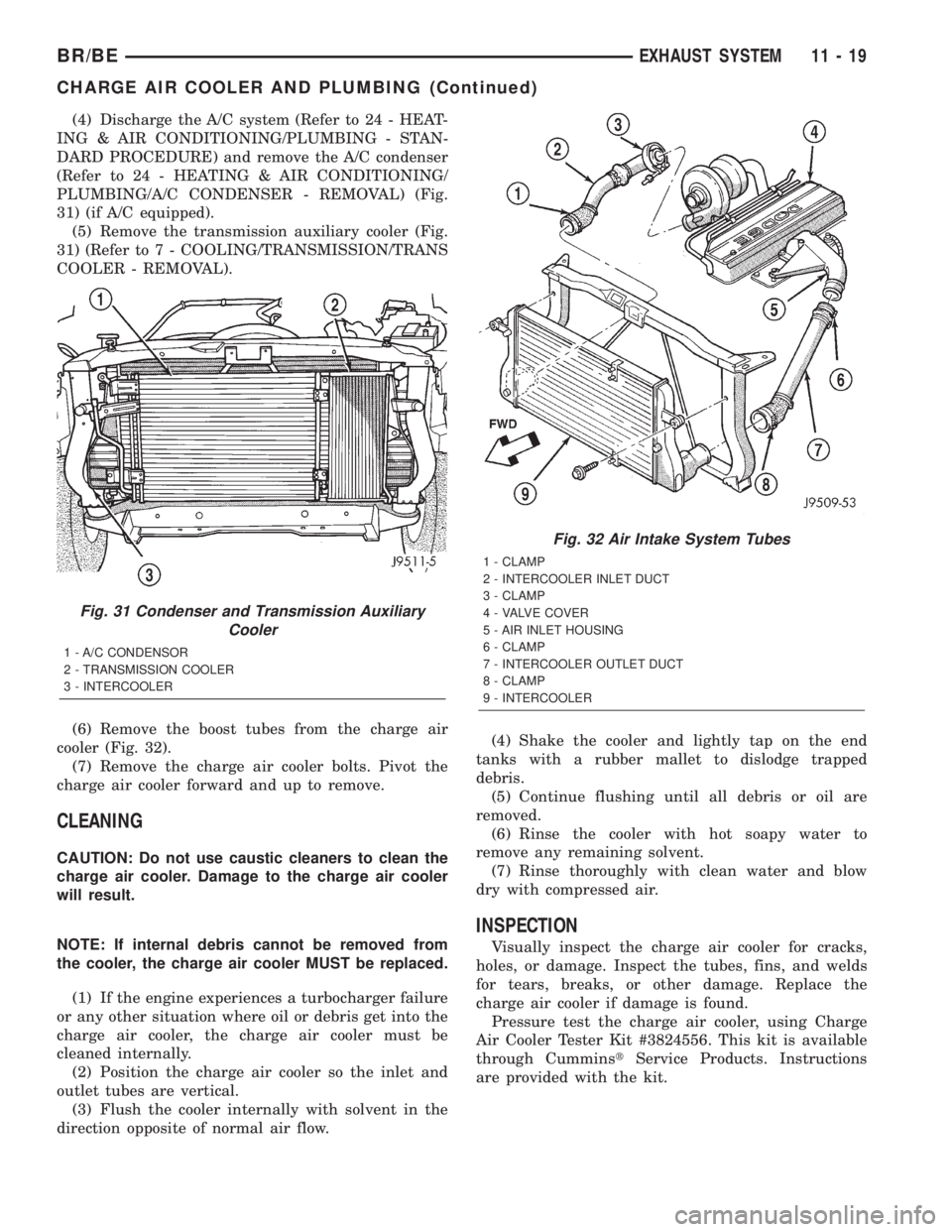 DODGE RAM 2002  Service Repair Manual (4) Discharge the A/C system (Refer to 24 - HEAT-
ING & AIR CONDITIONING/PLUMBING - STAN-
DARD PROCEDURE) and remove the A/C condenser
(Refer to 24 - HEATING & AIR CONDITIONING/
PLUMBING/A/C CONDENSER