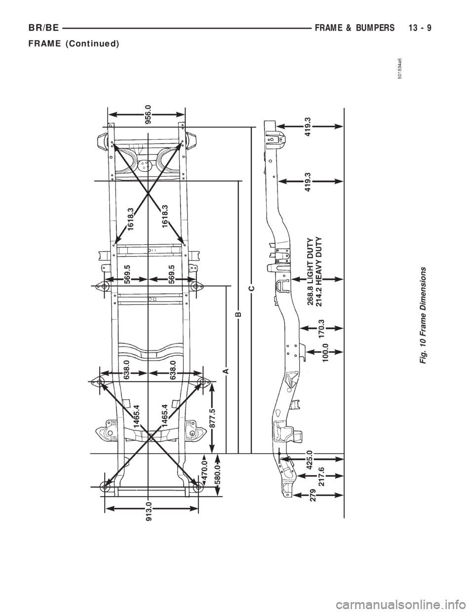 DODGE RAM 2002  Service Repair Manual Fig. 10 Frame Dimensions
BR/BEFRAME & BUMPERS 13 - 9
FRAME (Continued) 