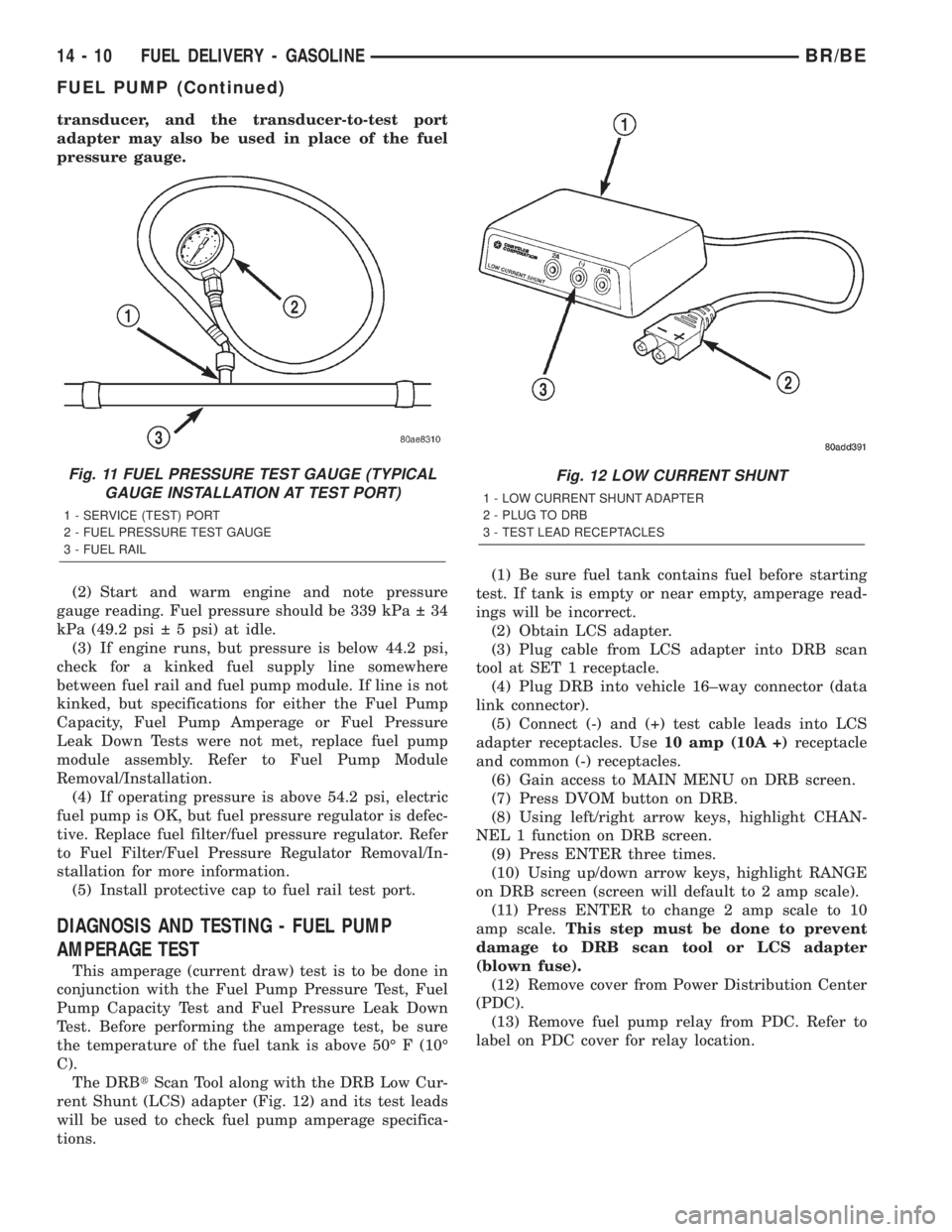 DODGE RAM 2002  Service Repair Manual transducer, and the transducer-to-test port
adapter may also be used in place of the fuel
pressure gauge.
(2) Start and warm engine and note pressure
gauge reading. Fuel pressure should be 339 kPa   