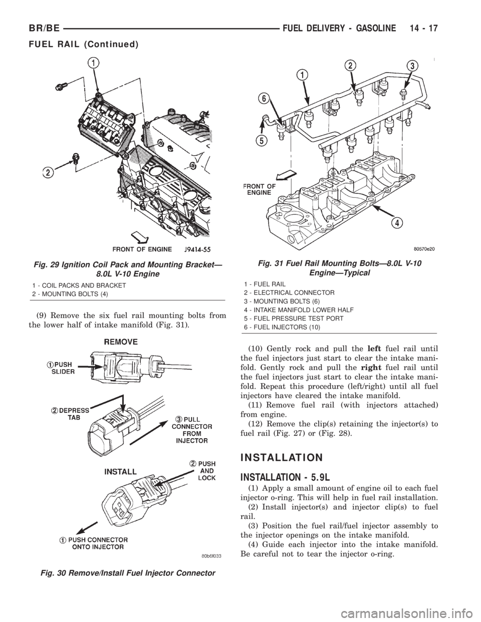 DODGE RAM 2002 Service Repair Manual (9) Remove the six fuel rail mounting bolts from
the lower half of intake manifold (Fig. 31).
(10) Gently rock and pull theleftfuel rail until
the fuel injectors just start to clear the intake mani-
f DODGE RAM 2002 Service Repair Manual (9) Remove the six fuel rail mounting bolts from
the lower half of intake manifold (Fig. 31).
(10) Gently rock and pull theleftfuel rail until
the fuel injectors just start to clear the intake mani-
f
