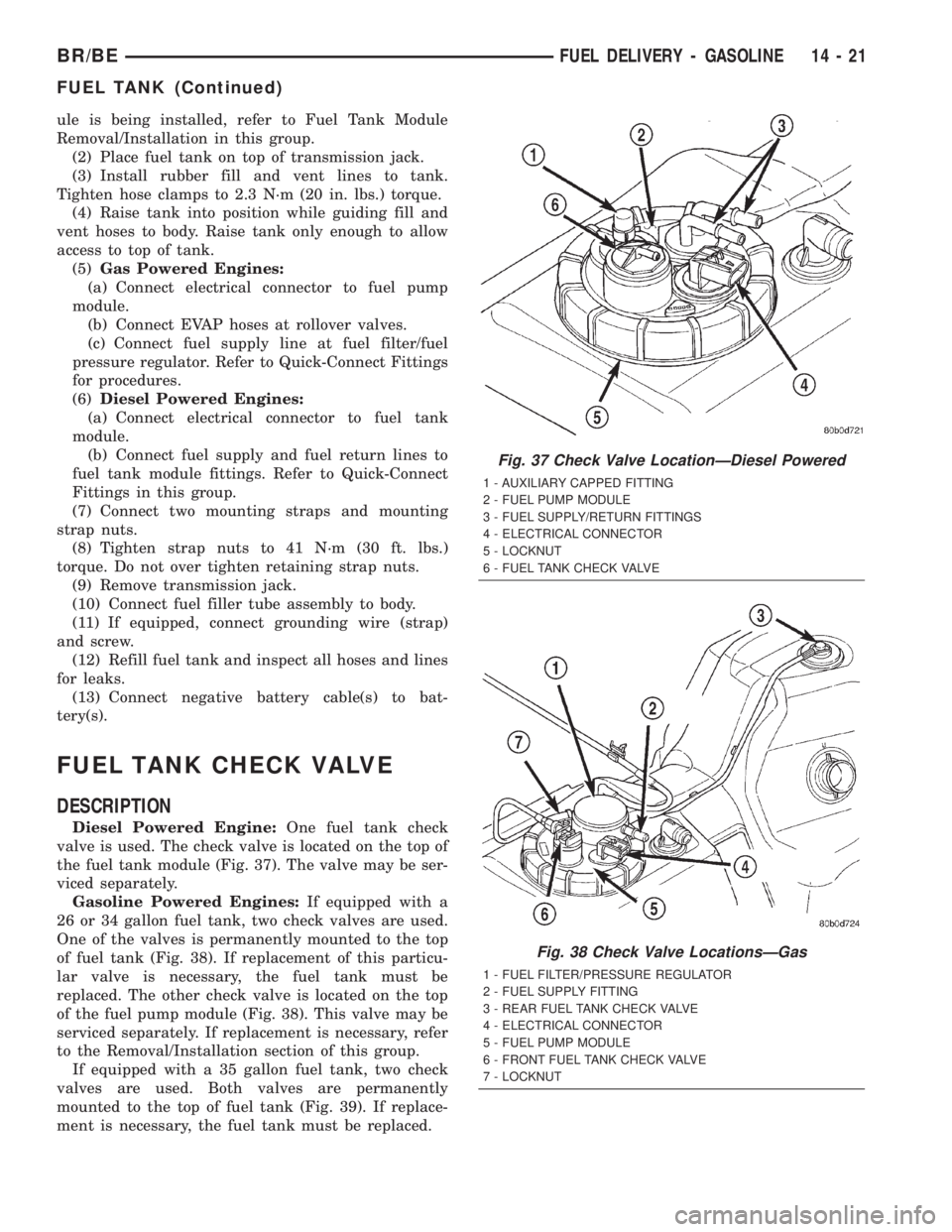 DODGE RAM 2002 Service Repair Manual ule is being installed, refer to Fuel Tank Module
Removal/Installation in this group.
(2) Place fuel tank on top of transmission jack.
(3) Install rubber fill and vent lines to tank.
Tighten hose clam DODGE RAM 2002 Service Repair Manual ule is being installed, refer to Fuel Tank Module
Removal/Installation in this group.
(2) Place fuel tank on top of transmission jack.
(3) Install rubber fill and vent lines to tank.
Tighten hose clam