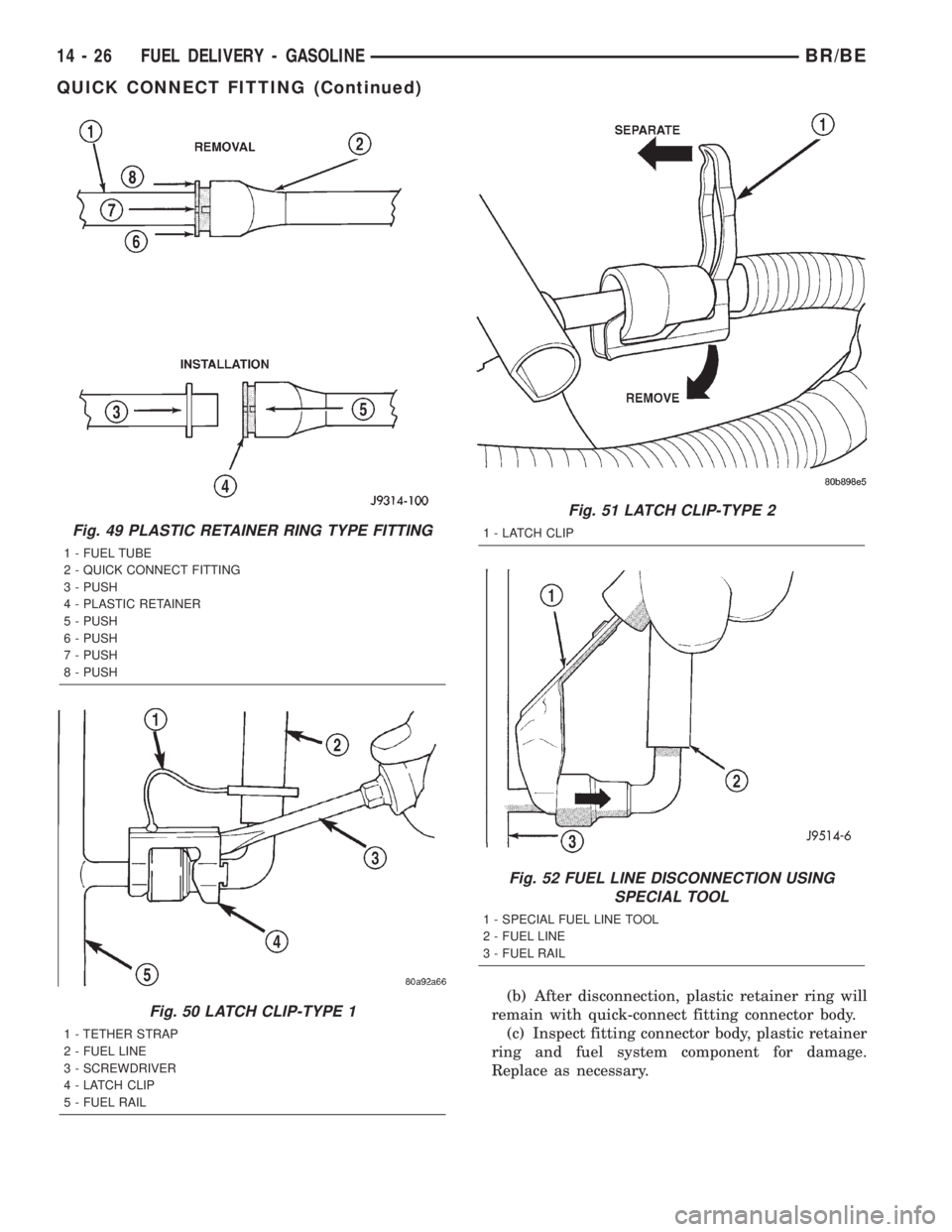 DODGE RAM 2002  Service Repair Manual (b) After disconnection, plastic retainer ring will
remain with quick-connect fitting connector body.
(c) Inspect fitting connector body, plastic retainer
ring and fuel system component for damage.
Re