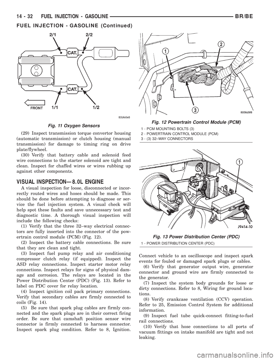 DODGE RAM 2002  Service Repair Manual (29) Inspect transmission torque convertor housing
(automatic transmission) or clutch housing (manual
transmission) for damage to timing ring on drive
plate/flywheel.
(30) Verify that battery cable an
