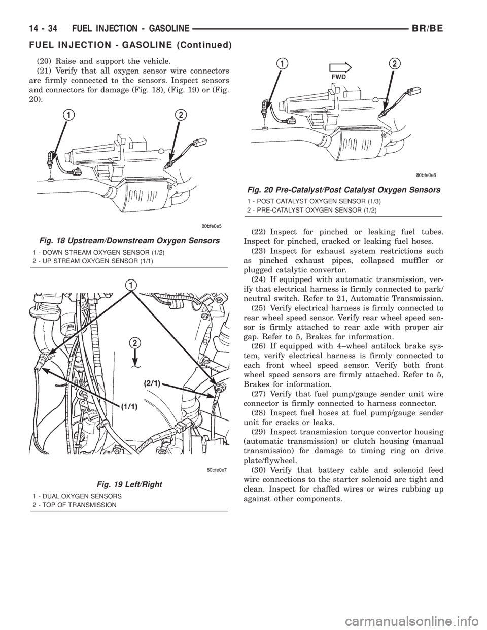 DODGE RAM 2002  Service Repair Manual (20) Raise and support the vehicle.
(21) Verify that all oxygen sensor wire connectors
are firmly connected to the sensors. Inspect sensors
and connectors for damage (Fig. 18), (Fig. 19) or (Fig.
20).