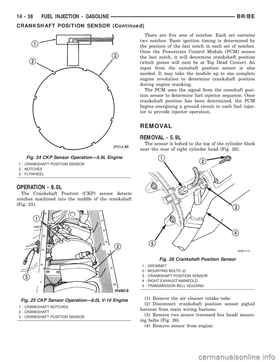 DODGE RAM 2002  Service Repair Manual OPERATION - 8.0L
The Crankshaft Position (CKP) sensor detects
notches machined into the middle of the crankshaft
(Fig. 25).There are five sets of notches. Each set contains
two notches. Basic ignition