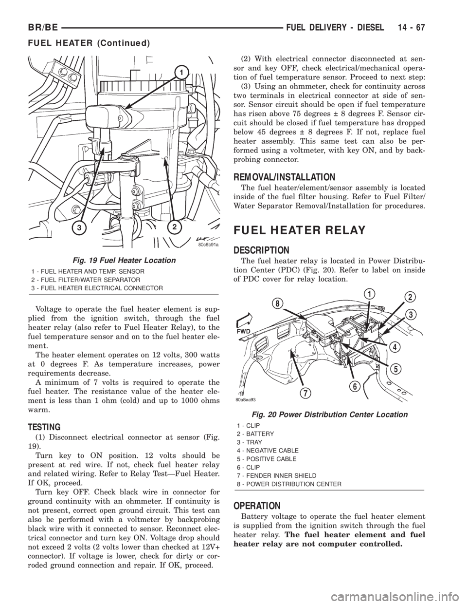 DODGE RAM 2002  Service Repair Manual Voltage to operate the fuel heater element is sup-
plied from the ignition switch, through the fuel
heater relay (also refer to Fuel Heater Relay), to the
fuel temperature sensor and on to the fuel he