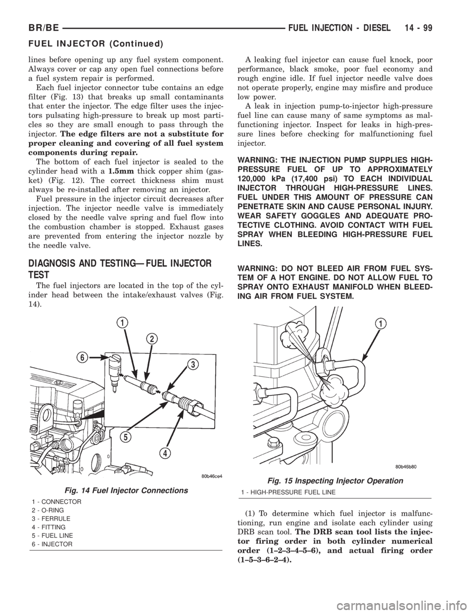DODGE RAM 2002 Service Repair Manual lines before opening up any fuel system component.
Always cover or cap any open fuel connections before
a fuel system repair is performed.
Each fuel injector connector tube contains an edge
filter (Fi DODGE RAM 2002 Service Repair Manual lines before opening up any fuel system component.
Always cover or cap any open fuel connections before
a fuel system repair is performed.
Each fuel injector connector tube contains an edge
filter (Fi