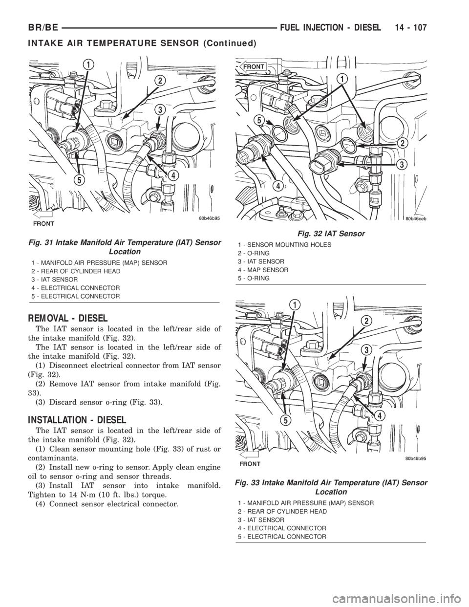 DODGE RAM 2002  Service Repair Manual REMOVAL - DIESEL
The IAT sensor is located in the left/rear side of
the intake manifold (Fig. 32).
The IAT sensor is located in the left/rear side of
the intake manifold (Fig. 32).
(1) Disconnect elec