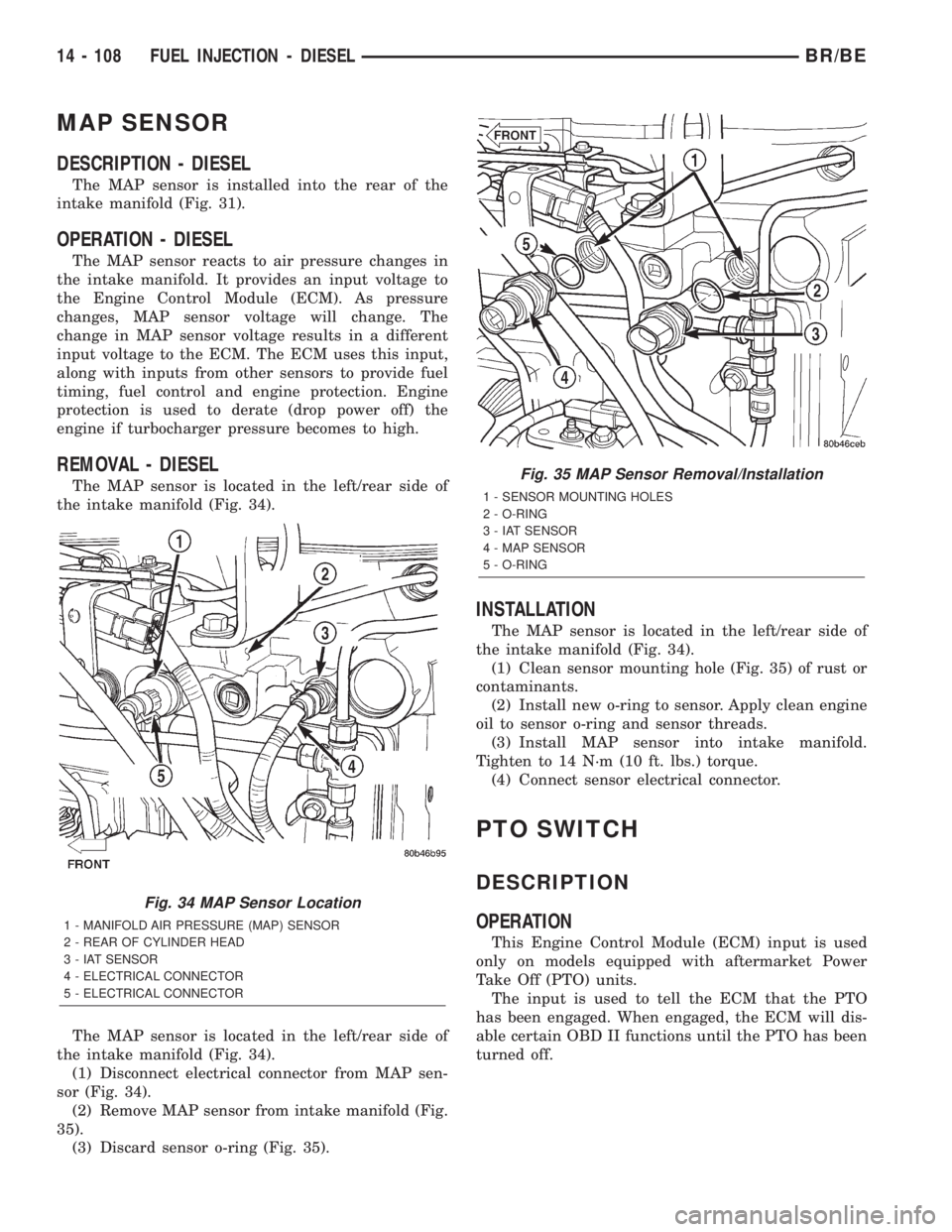 DODGE RAM 2002  Service Repair Manual MAP SENSOR
DESCRIPTION - DIESEL
The MAP sensor is installed into the rear of the
intake manifold (Fig. 31).
OPERATION - DIESEL
The MAP sensor reacts to air pressure changes in
the intake manifold. It 