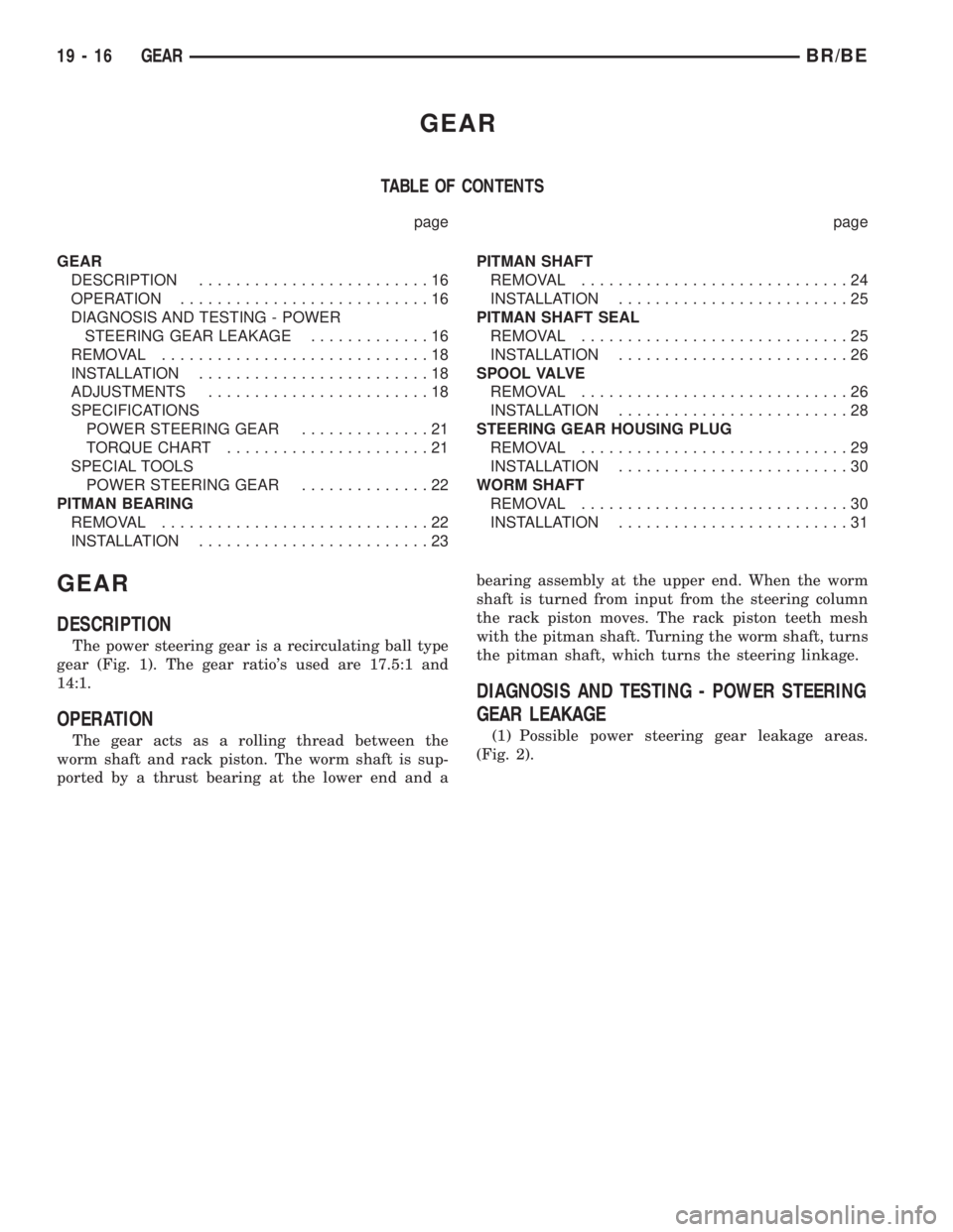 DODGE RAM 2002 Service Repair Manual GEAR
TABLE OF CONTENTS
page page
GEAR
DESCRIPTION.........................16
OPERATION...........................16
DIAGNOSIS AND TESTING - POWER
STEERING GEAR LEAKAGE.............16
REMOVAL.......... DODGE RAM 2002 Service Repair Manual GEAR
TABLE OF CONTENTS
page page
GEAR
DESCRIPTION.........................16
OPERATION...........................16
DIAGNOSIS AND TESTING - POWER
STEERING GEAR LEAKAGE.............16
REMOVAL..........