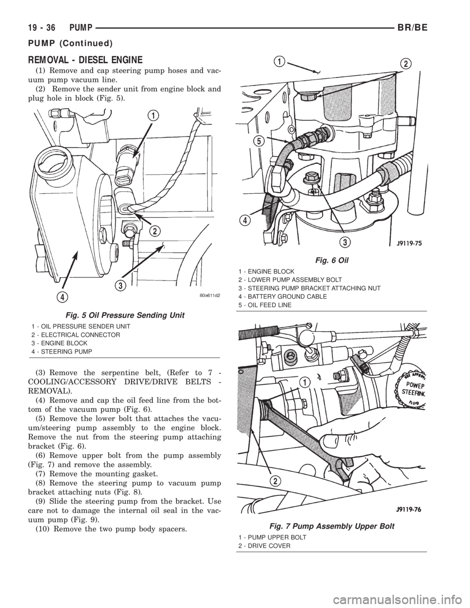DODGE RAM 2002  Service Repair Manual REMOVAL - DIESEL ENGINE
(1) Remove and cap steering pump hoses and vac-
uum pump vacuum line.
(2) Remove the sender unit from engine block and
plug hole in block (Fig. 5).
(3) Remove the serpentine be