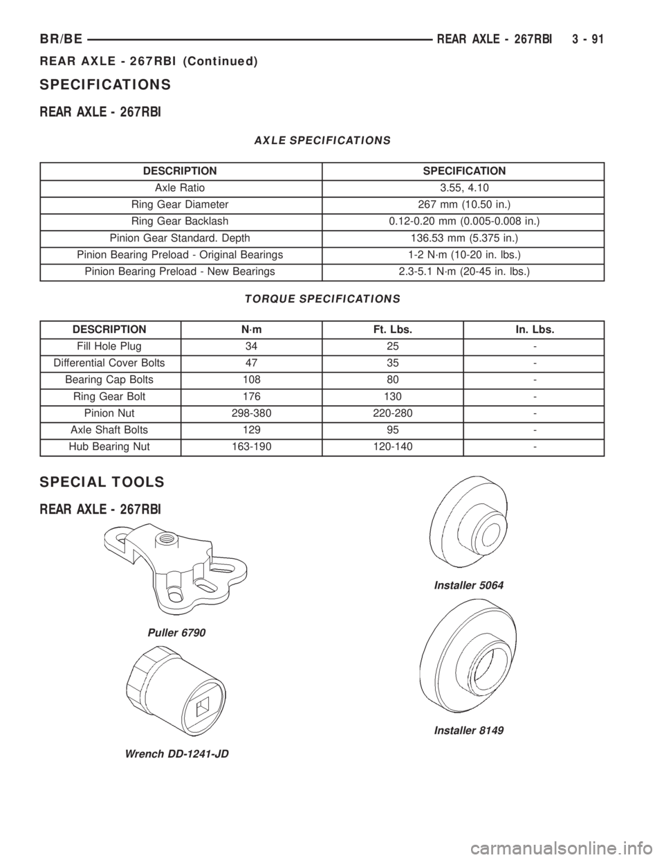 DODGE RAM 2002  Service Repair Manual SPECIFICATIONS
REAR AXLE - 267RBI
AXLE SPECIFICATIONS
DESCRIPTION SPECIFICATION
Axle Ratio 3.55, 4.10
Ring Gear Diameter 267 mm (10.50 in.)
Ring Gear Backlash 0.12-0.20 mm (0.005-0.008 in.)
Pinion Gea