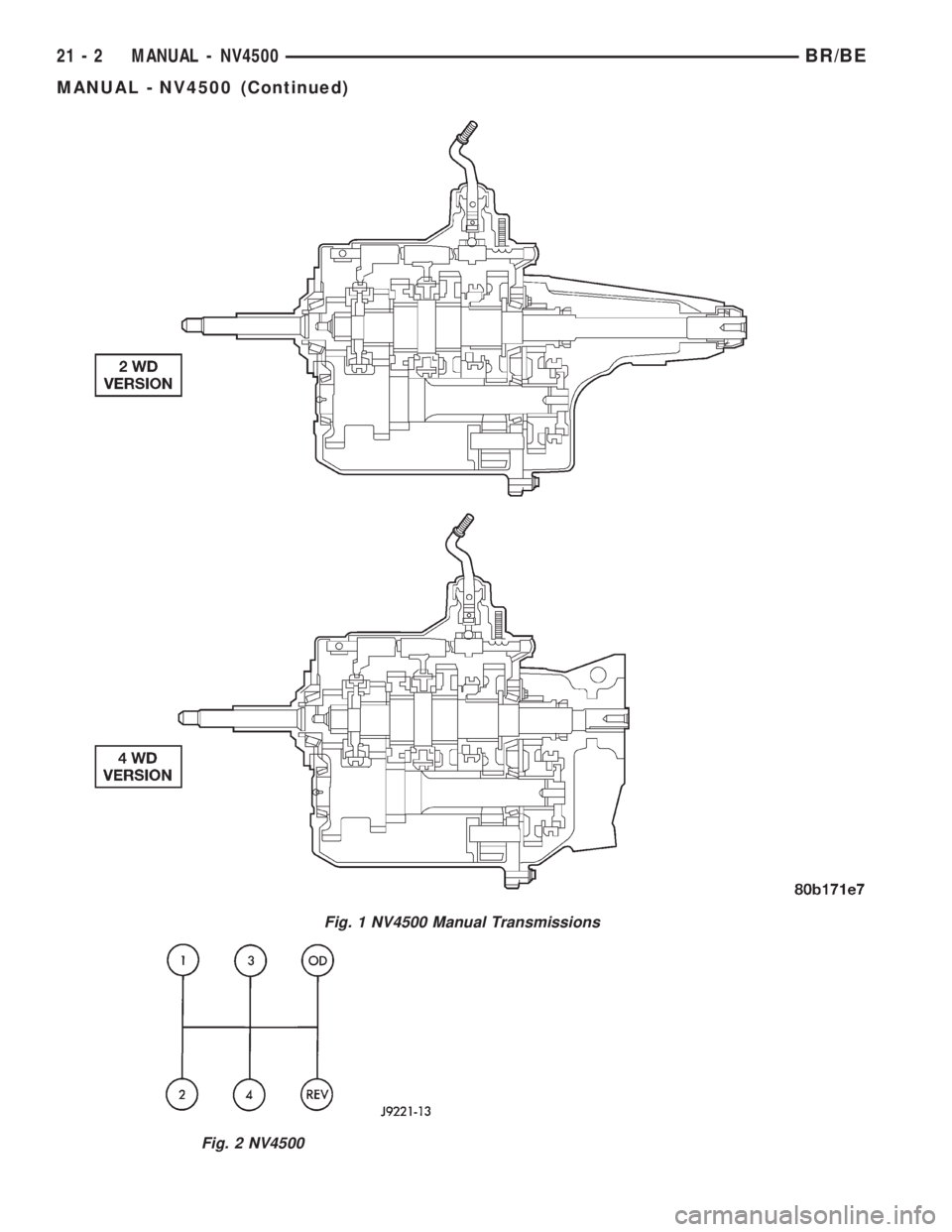 DODGE RAM 2002  Service Repair Manual Fig. 1 NV4500 Manual Transmissions
Fig. 2 NV4500
21 - 2 MANUAL - NV4500BR/BE
MANUAL - NV4500 (Continued) 