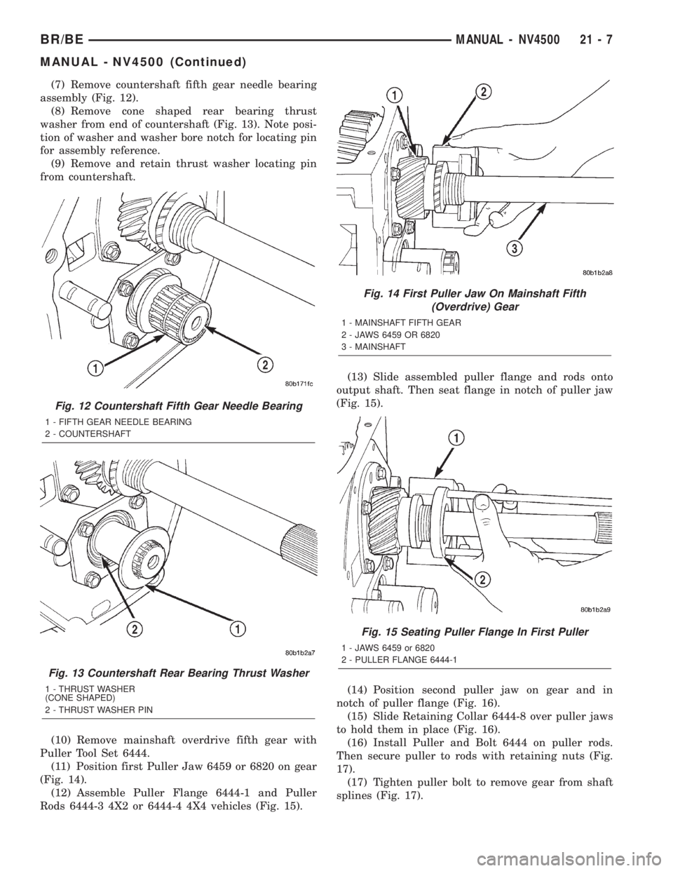DODGE RAM 2002  Service Repair Manual (7) Remove countershaft fifth gear needle bearing
assembly (Fig. 12).
(8) Remove cone shaped rear bearing thrust
washer from end of countershaft (Fig. 13). Note posi-
tion of washer and washer bore no