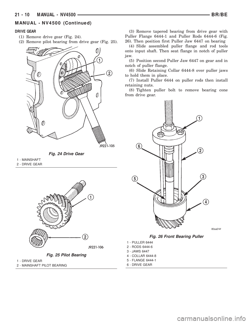DODGE RAM 2002  Service Repair Manual DRIVE GEAR
(1) Remove drive gear (Fig. 24).
(2) Remove pilot bearing from drive gear (Fig. 25).(3) Remove tapered bearing from drive gear with
Puller Flange 6444-1 and Puller Rods 6444-6 (Fig.
26). Th