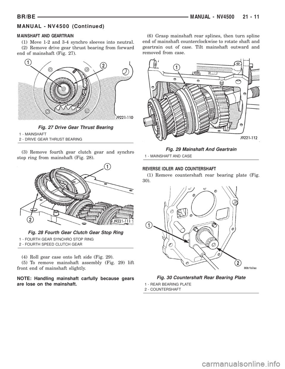 DODGE RAM 2002  Service Repair Manual MAINSHAFT AND GEARTRAIN
(1) Move 1-2 and 3-4 synchro sleeves into neutral.
(2) Remove drive gear thrust bearing from forward
end of mainshaft (Fig. 27).
(3) Remove fourth gear clutch gear and synchro
