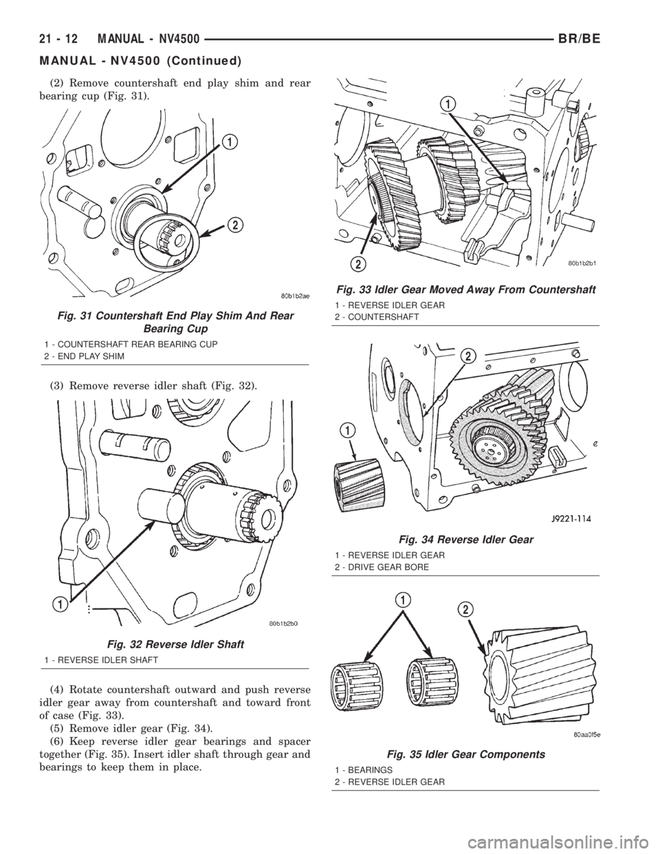 DODGE RAM 2002  Service Repair Manual (2) Remove countershaft end play shim and rear
bearing cup (Fig. 31).
(3) Remove reverse idler shaft (Fig. 32).
(4) Rotate countershaft outward and push reverse
idler gear away from countershaft and t