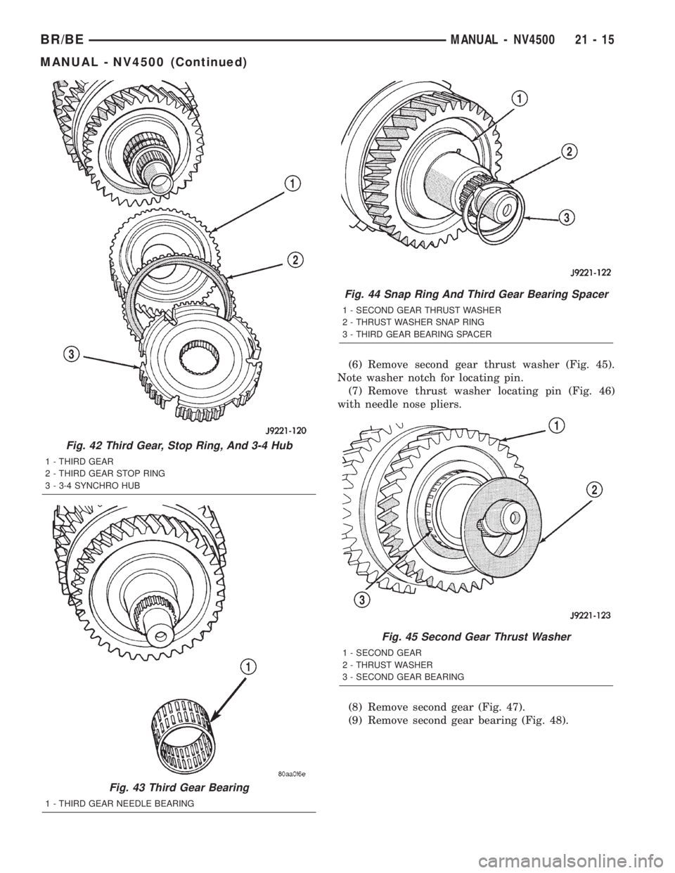DODGE RAM 2002  Service Repair Manual (6) Remove second gear thrust washer (Fig. 45).
Note washer notch for locating pin.
(7) Remove thrust washer locating pin (Fig. 46)
with needle nose pliers.
(8) Remove second gear (Fig. 47).
(9) Remov