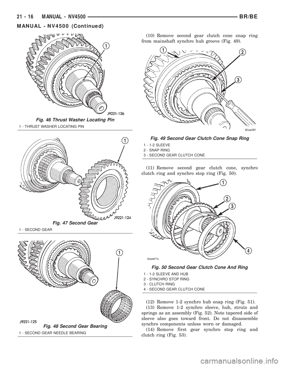 DODGE RAM 2002  Service Repair Manual (10) Remove second gear clutch cone snap ring
from mainshaft synchro hub groove (Fig. 49).
(11) Remove second gear clutch cone, synchro
clutch ring and synchro stop ring (Fig. 50).
(12) Remove 1-2 syn