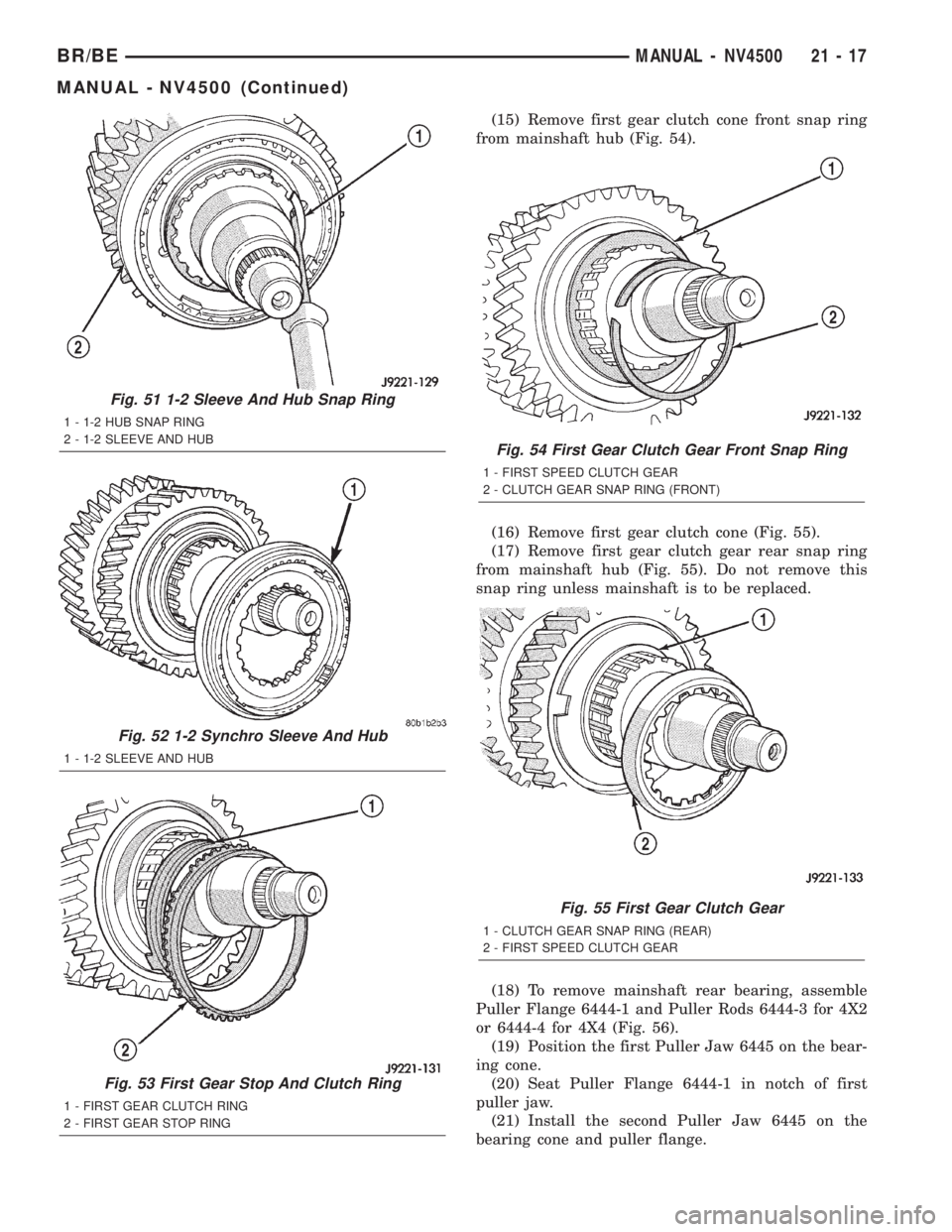 DODGE RAM 2002  Service Repair Manual (15) Remove first gear clutch cone front snap ring
from mainshaft hub (Fig. 54).
(16) Remove first gear clutch cone (Fig. 55).
(17) Remove first gear clutch gear rear snap ring
from mainshaft hub (Fig