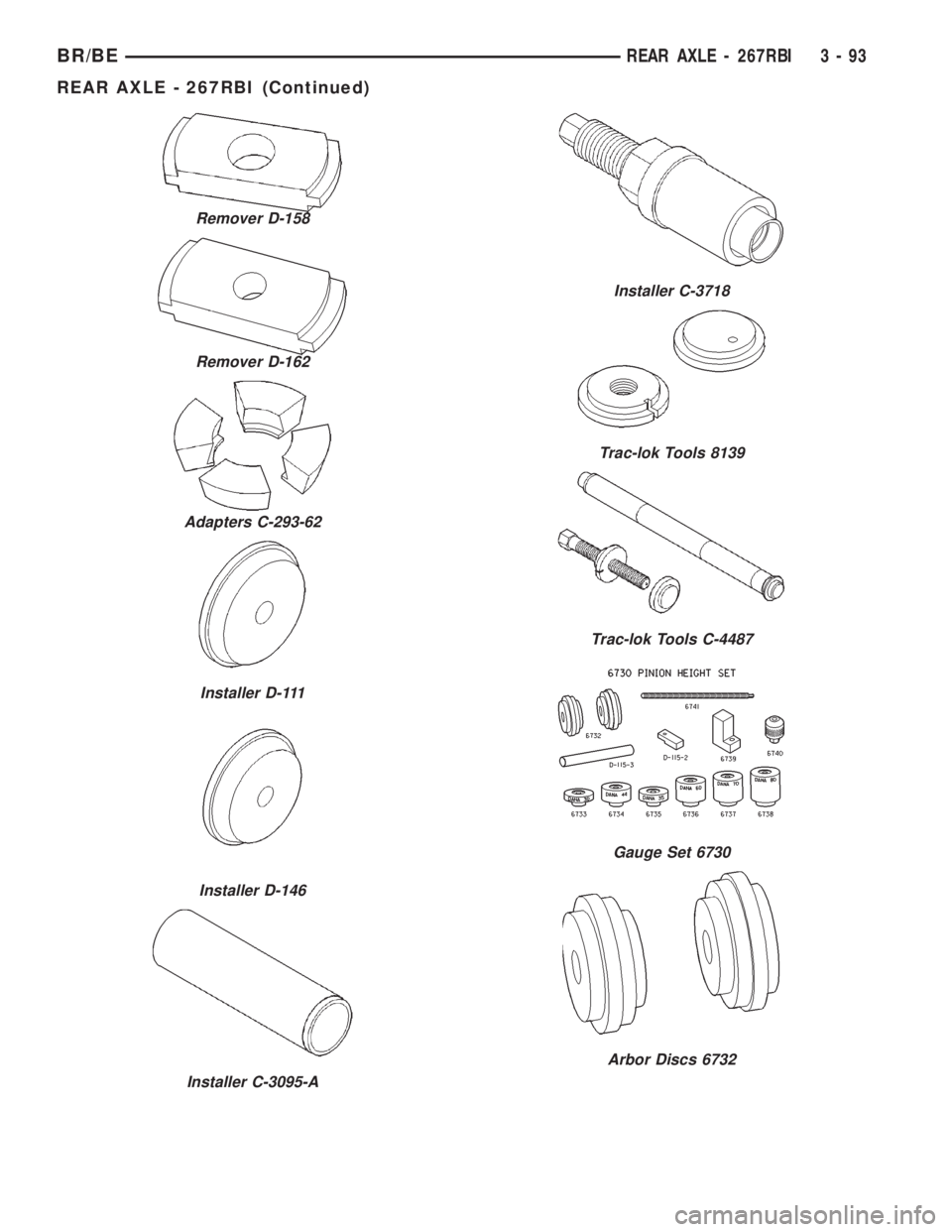 DODGE RAM 2002  Service Repair Manual Remover D-158
Remover D-162
Adapters C-293-62
Installer D-111
Installer D-146
Installer C-3095-A
Installer C-3718
Trac-lok Tools 8139
Trac-lok Tools C-4487
Gauge Set 6730
Arbor Discs 6732
BR/BEREAR AX