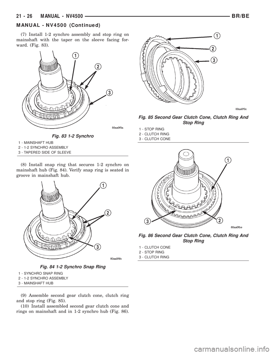 DODGE RAM 2002  Service Repair Manual (7) Install 1-2 synchro assembly and stop ring on
mainshaft with the taper on the sleeve facing for-
ward. (Fig. 83).
(8) Install snap ring that secures 1-2 synchro on
mainshaft hub (Fig. 84). Verify 