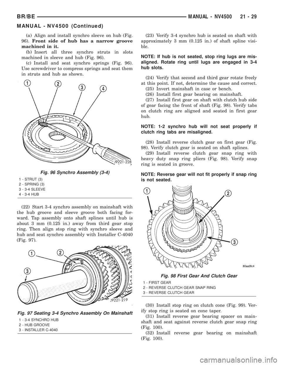 DODGE RAM 2002  Service Repair Manual (a) Align and install synchro sleeve on hub (Fig.
96).Front side of hub has a narrow groove
machined in it.
(b) Insert all three synchro struts in slots
machined in sleeve and hub (Fig. 96).
(c) Insta