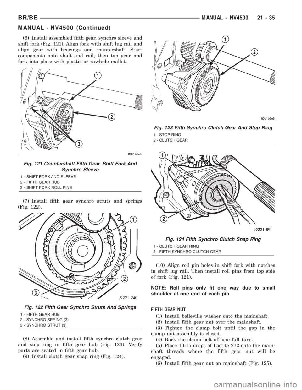 DODGE RAM 2002  Service Repair Manual (6) Install assembled fifth gear, synchro sleeve and
shift fork (Fig. 121). Align fork with shift lug rail and
align gear with bearings and countershaft. Start
components onto shaft and rail, then tap