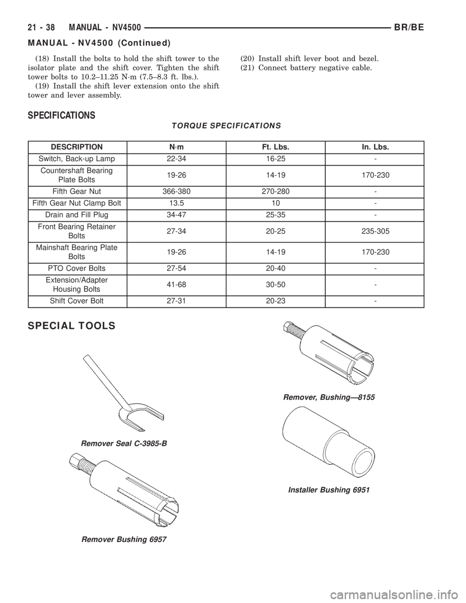 DODGE RAM 2002  Service Repair Manual (18) Install the bolts to hold the shift tower to the
isolator plate and the shift cover. Tighten the shift
tower bolts to 10.2±11.25 N´m (7.5±8.3 ft. lbs.).
(19) Install the shift lever extension 